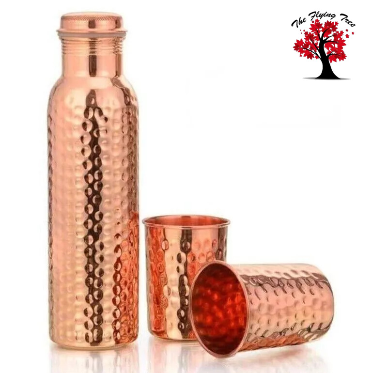 Eco-Friendly Pure Hammered Copper Bottle with 2 Glass Set – Stay Hydrated!