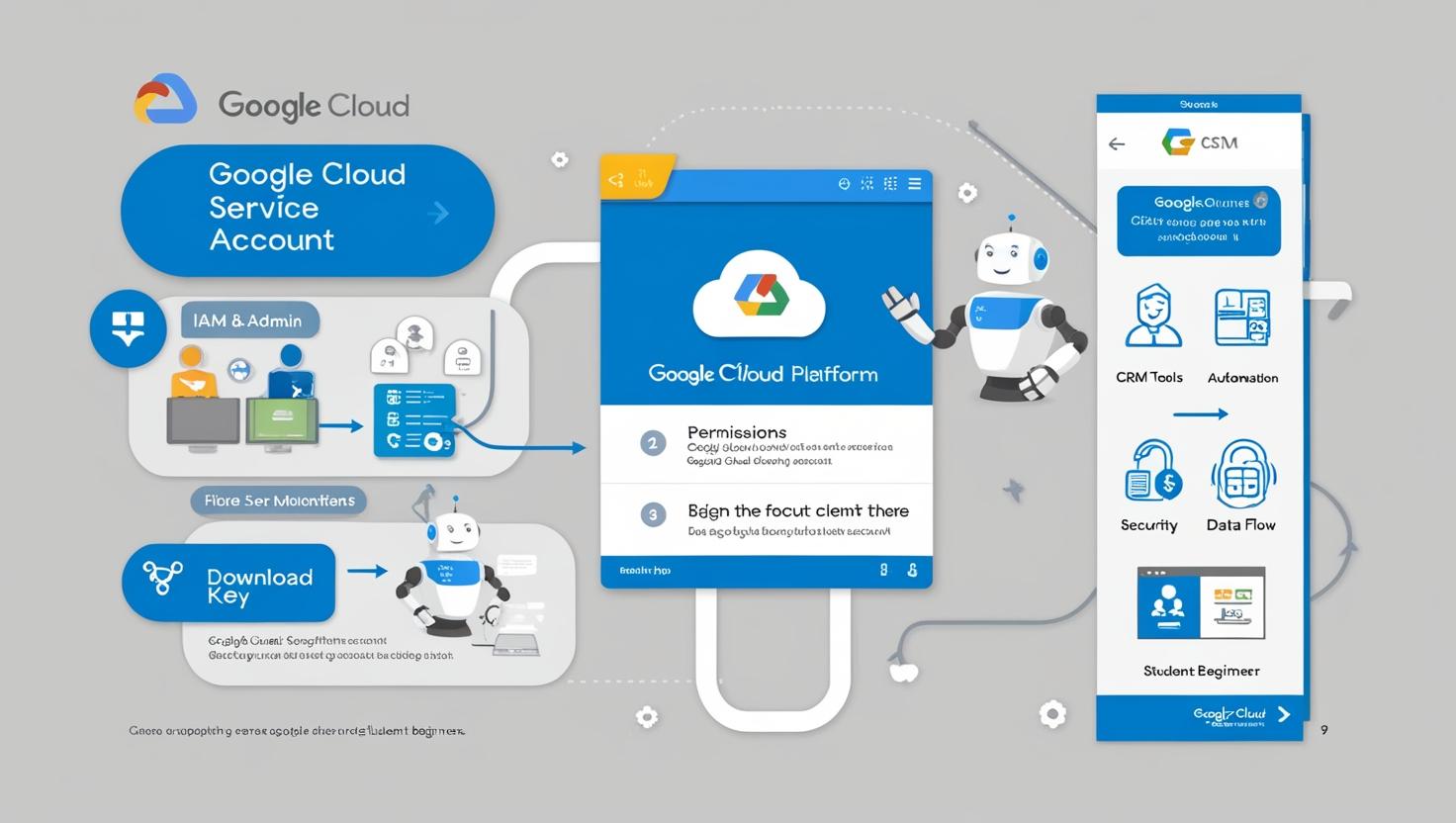 _Create a clean, modern, and educational illustration showing the process of creating a service account in Google Cloud. The image should include visual elements like a cloud platform interface, a robot assistant re