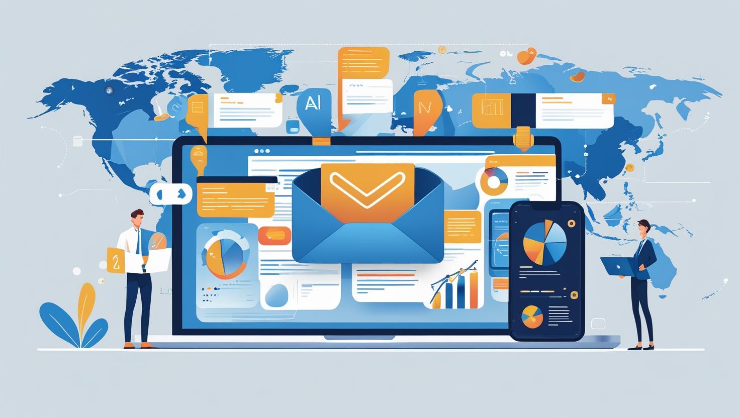 A modern digital illustration showing an email icon with marketing content like newsletters, blogs, charts, and infographics emerging from it. The background should depict a global audience with interconnected dev