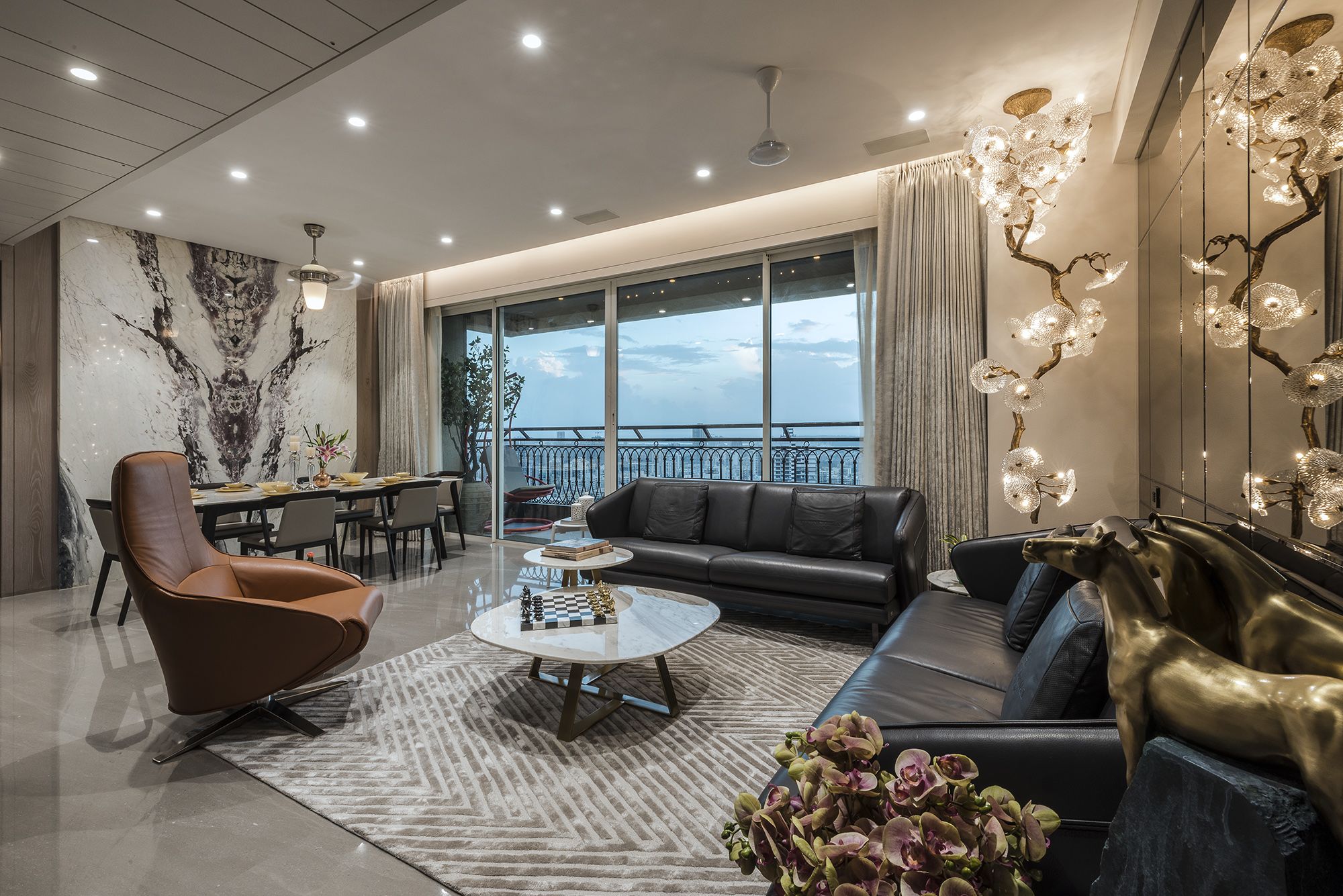 What materials are used in luxury room furnishings?