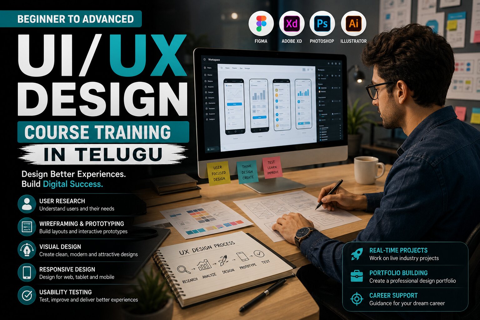 Build Stunning Mobile and Website Designs Professionally : UI UX Design Course Training in Telugu