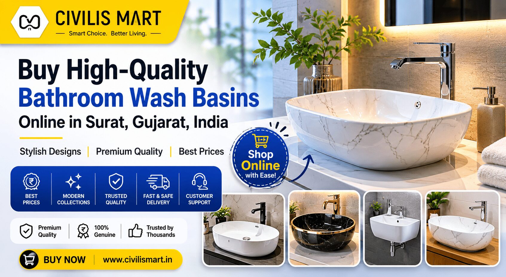 Buy High-Quality Bathroom Wash Basins Online in Surat, India