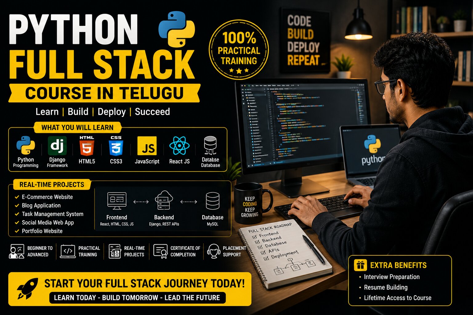 Master Python, SQL and Modern Web Technologies : Python Full Stack Course in Telugu